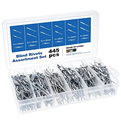 Immagine di Gueenky 445 Pezzi Rivetti Alluminio, 3,2/4 mm pop Ciechi, 6 Dimensioni Set di a Strappo per Metallo Legno Plastica, con Scatola Immagazzinaggio