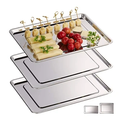 Immagine di Relaxdays Vassoio in Acciaio Inox, Set 3 Piatti da Portata Rettangolari, Antipasto, Aperitivo, Buffet, 33x26,5, Argento