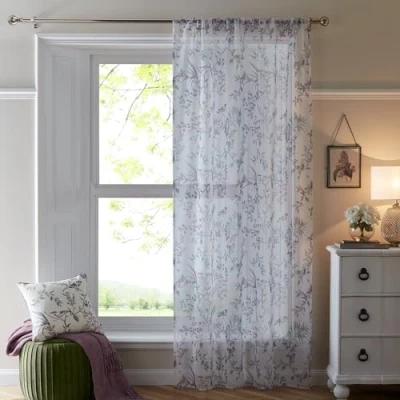 Immagine di Dreams &amp; Drapes tenda singola per finestra, 140 x 182 cm (larghezza lunghezza), in voile camera da letto/soggiorno, trasparente con fiori e foglie, collezione Jazmine