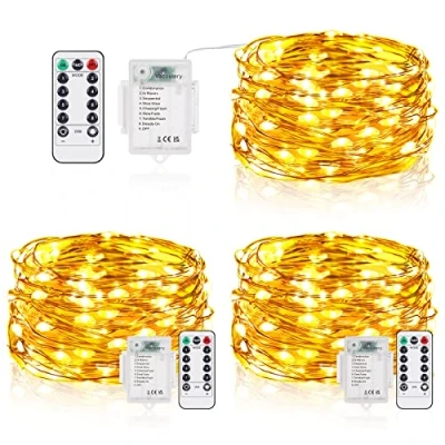 Immagine di Vacoulery Luci led a Batteria, 5M 50 LEDs 8 Modalità Lucine Decorative IP65 Impermeabile con Telecomando, Timer e Dimmer per Interni Esterni, Natale, Feste, Matrimonio (3 Pezzi, Bianco Caldo)