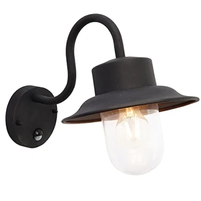 Immagine di Betta Lighting Lampada da parete per esterni PIR Fisherman IP44 Luce di sicurezza con sensore movimento Lanterna a collo d&#039;oca esterna giardino 40 W E27 GLS (lampadina