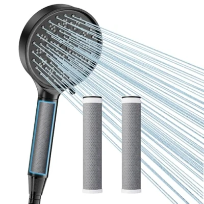 Immagine di Cobbe Soffione Doccia con Filtro, Doccetta Alta Pressione Tubo, 6 Modalità Getto, 3 Filtri Carbone Attivo, Rimozione 99% Cloro per Acqua Dura, Risparmio Idrico (Nero)