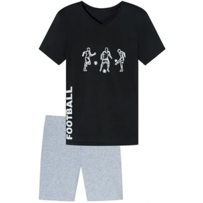 Immagine di Pigiama corto da ragazzo, morbido jersey singolo in 100% cotone e pantaloni a forma di bermuda, Nero Three Players, 176 cm