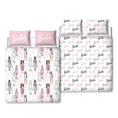 Immagine di Character World Barbie Set copripiumino matrimoniale per bambini, reversibile, con 2 lati, federe abbinate, in poliestere, colore: rosa