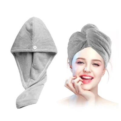 Immagine di Xkzhrr 2 Pezzi Asciugamano Capelli in Microfibra Asciugare Rapidamente i Bagnati senza Crespo, Morbido turbante capelli,turbante asciugacapelli,con Chiusura a Bottone (grigio)