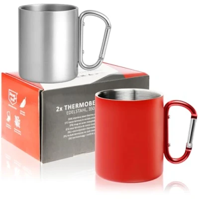 Immagine di Robin Goods® 2 Tazze Termiche in Acciaio Inossidabile con Manico a moschettone 350 ml per Tazza da caffè (2 Pezzi Inox Argento/Rosso Impugnatura moschettone)