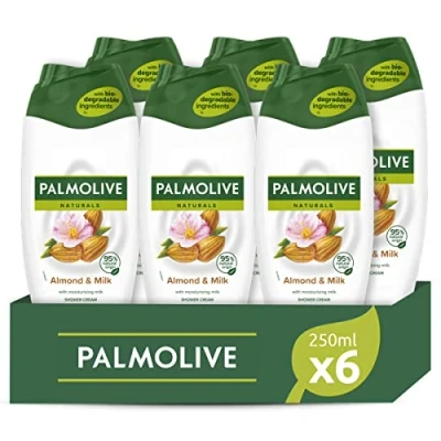 Immagine di Palmolive, Bagnoschiuma Naturals, Bagnodoccia Crema per il Corpo con Latte e Mandorla, Idrata Tutti i Tipi di Pelle la Sua Formula Delicata una Soffice 6 X 250 ml