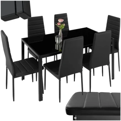 Immagine di TecTake® Set di Mobili per Sala da Pranzo, 6 Sedie in Similpelle Resistente, Tavolo con Piano Vetro, Design Moderno, Piedini SalvaPavimento, Ideale Cucina e Soggiorno Nero/Nero