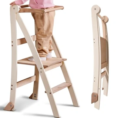 Immagine di torre di apprendimento in legno Montessori salvaspazio : pieghevole, sgabello per bambini, scala pieghevole con protezione anti inclinazione