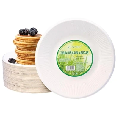 Immagine di EXNIMA, Pezzi da 50 o 100 Piatti Piani di Canna Zucchero, Biodegradabili e Compostabili, Carta 100% Ecologici, Rotondi, Monouso, Resistenti, per Picnic, Barbecue, Feste, Compleanni