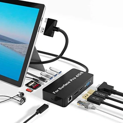 Immagine di Surface Pro Dock per 4/Pro 5/Pro 6 USB Hub Docking Station con porta Gigabit Ethernet, 4K HDMI VGA DP, 3 porte 3.0, di uscita audio, C, lettore schede SD/TF