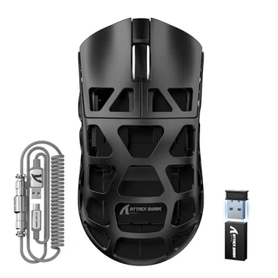 Immagine di ATTACK SHARK R3PRO 46g SUPERLIGHT Gaming Mouse in Lega di Magnesio, Wireless 8000Hz Tasso Polling, 26000DPI, G502 da Gioco, 2.4G/BT/Cablato, PixArt PAW3395, con Cavo a Spirale, PC/Mac, Nero