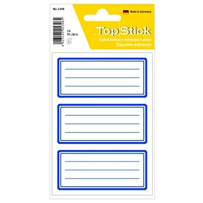 Immagine di TopStick 1346 etichette con linee per libri (76 x 35 mm, 50 fogli, carta, opache) autoadesive, adesivi scolastici neutri bambini, 150 la scuola, blu e bianche