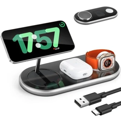 Immagine di LOOWARTS Caricatore Wireless 3 in 1, Qi2 Magsafe 25W, Ricarica Compatibile con iphone 16 15 14 13 12Pro Pro Max Plus Mini, Apple Watch, Airpods, Samsung Google Pixel Xiaomi ecc