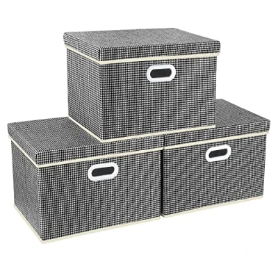 Immagine di TYEERS Grandi Scatole Portaoggetti, in Tessuto, Motivo, Pieghevole, con Coperchio, 44x30x29 cm, Set di 3, Nero