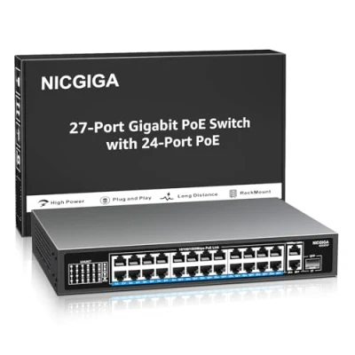 Immagine di NICGIGA 24 porte Gigabit PoE switch con PoE+@300W, 2 Uplink Gigabit, 1 SFP, metallo robusto per montaggio su scrivania/su scaffale, Plug and Play, Power Over Ethernet Switch.