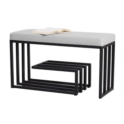 Immagine di KAMPCO Panca scarpiera a 3 livelli, da ingresso con contenitore e sedile imbottito, struttura in metallo nero, organizer per scarpe ingresso, camera letto, corridoio