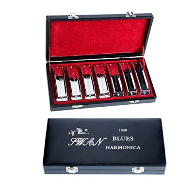 Immagine di SWAN Set di armoniche a 7 tasti, A, B, C, D, E, F, G, 10 fori, 20 toni, per adulti, musicisti professionisti, principianti, studenti, con custodia (argento, tasti (A B C D E F G)..