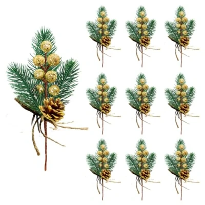 Immagine di RXXR 10 Plettri artificiali, aghi di pino, piccole bacche, pigne per composizioni floreali, ghirlande, decorazioni albero Natale (oro)