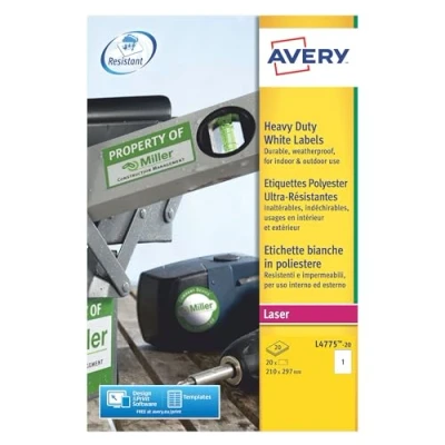 Immagine di Avery 20 etichette autoadesive Ultra Resistenti L4775 210 x 297 mm Stampa Laser Bianco