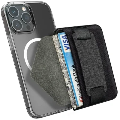 Immagine di MyGadget Portafoglio Magnetico Magsafe Porta carte &amp; Supporto per dita Protezione RFID compatibile con Apple iPhone 15 14 13 12 Series Nero