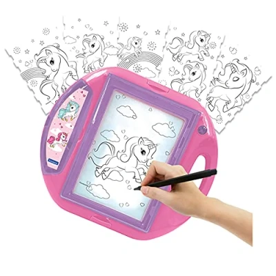 Immagine di Lexibook Unicorn Proiettore da Disegno, 4 timbri, 10 Modelli, Schermo Luminoso, 1 Penna Inclusa, Rosa/Viola, Colore