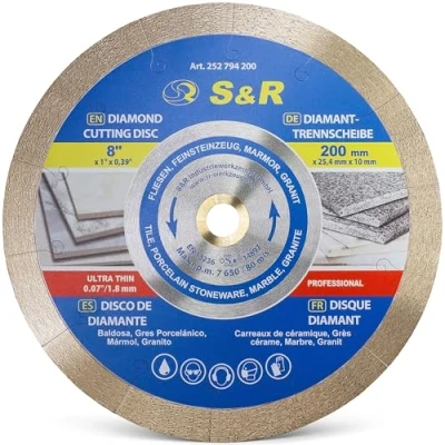Immagine di S&amp;R disco diamantato 200 x 25,4 10 mm (1,6 extra sottile), da taglio per Gres Porcellanato, Piastrelle, Porcellana, Ceramica, Granito, Marmo, sega banco e tagliapiastrelle