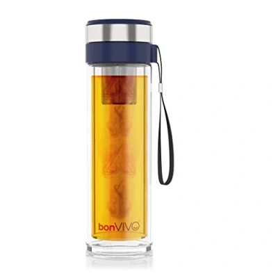 Immagine di bonVIVO VitaliTEA Bottiglia Infusore, Teiera con Filtro, Infusore Detox, Portatile a Doppia Barriera Isolante in Vetro Borosilicato Capacità: 450 ml, Blu