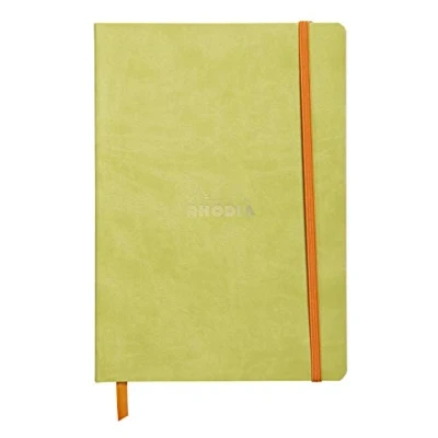 Immagine di RHODIA 117406C Taccuino flessibile anice A5 a righe 160 pagine Carta Clairefontaine Avorio 90 g/m Segna pagina, Chiusura con elastico Copertina Simil Cuoio Collezione Rhodiarama