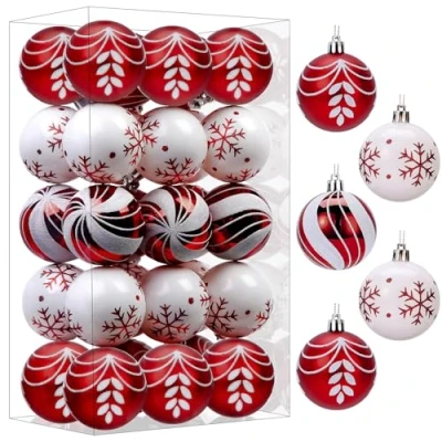 Immagine di SHareconn Set di 30 palline per albero Natale, 6 cm, in plastica colorata infrangibile, decorazioni festività e matrimoni (Rosso &amp; Bianco, 60 mm)
