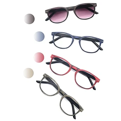 Immagine di HEEYYOK Confezione da 4 Occhiali Lettura Uomo e Donna Comodi Lettori Rotondi con Design in Legno Cerniera a Molla Leggera Unisex (4 Colori Misti,Include Borsa)
