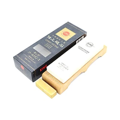 Immagine di pietra per affilare giapponese King Gold Stone G 1 grana #8000 con base antiscivolo di stabilità, ultra fine, finitura rasoio e specchio lucido, Nagura inclusa