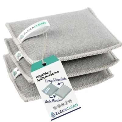 Immagine di ELEXACLEAN Spugna Lavapiatti (Set di 3, 12x10cm, Grigio) Spugne Lavabili e Riutilizzabili