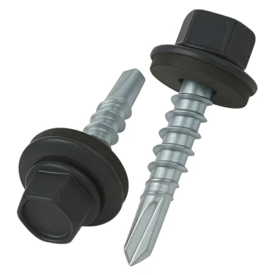 Immagine di 4.8 mm x 35 viti per tetti, testa esagonale autoperforanti colorate (RAL 7024 Grigio grafite) tetti con rondella di tenuta in EPDM, temprate zincate antiruggine (50 pezzi)