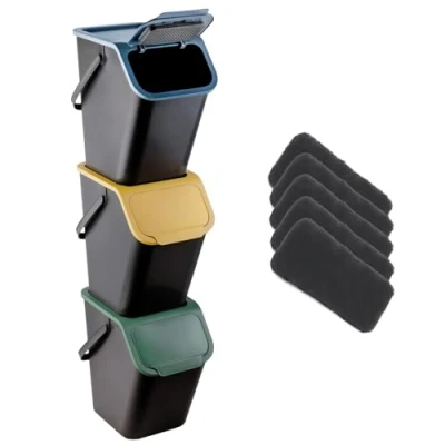 Immagine di Go Practic set di 3 pattumiere e filtri bio in fibra carbonio, impilabili, con coperchio a scatto, per raccolta differenziata, cucina, colori, 25 l ciascuna
