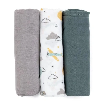 Immagine di PETITE&amp;MARS set di pannolini in mussola bambù 3 pezzi Moussy Grey Planes, 68 x cm 1x3 pezzi,