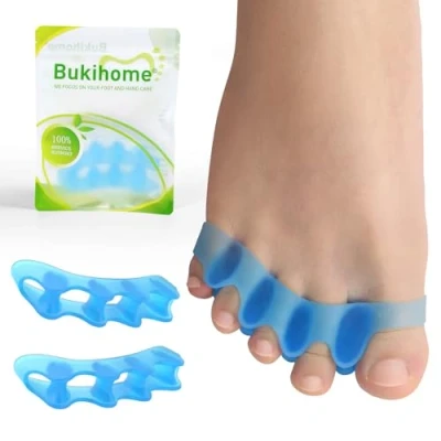 Immagine di Bukihome Separatori per dita dei piedi, 4 paia di distanziatori in gel morbido correggere l&#039;alluce valgo, sollievo terapeutico da fascite plantare, dolore ai donne e uomini, blu + M