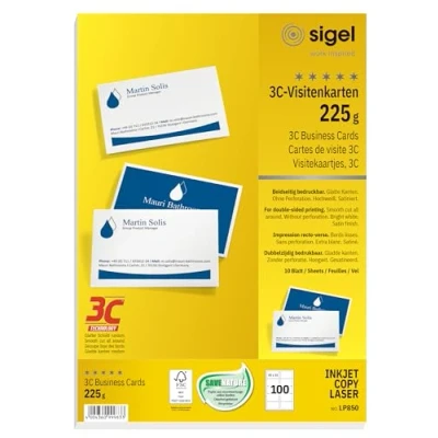Immagine di SIGEL LP850 Biglietti da visita, 3C, con taglio netto tutt&#039;intorno, bianco, 85x55 mm (A4), 225 g, 100 pz.=10 fg