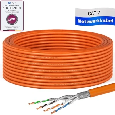 Immagine di HB DIGITAL cavo di rete CAT.7, 15 m, LAN, AWG 23, in puro rame S/FTP PiMF LSZH, privo alogeni, RoHS Compliant Ethernet, dati PoE 10 Gbit/s, certificato GHMT arancione