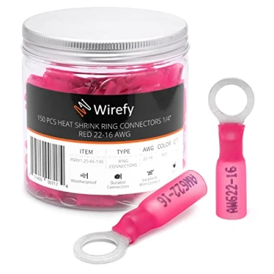 Immagine di Wirefy 150 PZ Connettori Occhiello M6 Kit Terminali Anello Termoretraibili Capicorda Elettrici Crimpare Rosso 0,34 1,5 mm²
