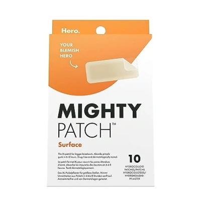 Immagine di Hero Mighty patch Surface XL per coprire aree estese di acne su viso e corpo, anti giorno notte all&#039;idrocolloide, assorbe le impurità in 6 8 ore, confezione da 10 cerotti