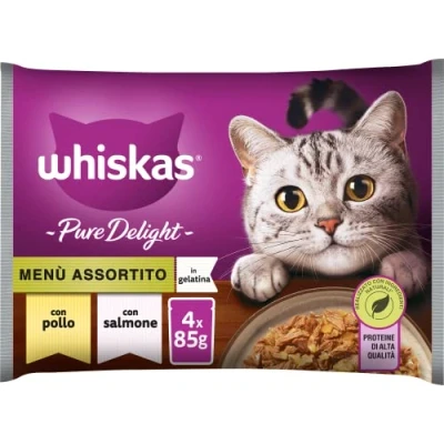 Immagine di Whiskas Pure Delight Menù Assortito 1+ Anni, Cibo Umido per Gatto, 13 Confezioni ognuna da 4 Bustine x 85g (52 in Totale)