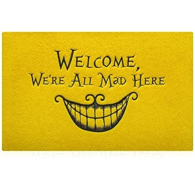 Immagine di Zerbino extra large, 120 x 45 cm, per esterni, con scritta in lingua inglese &quot;Welcome We&#039;re All Mad Here&quot;, antiscivolo, interni, colore: giallo