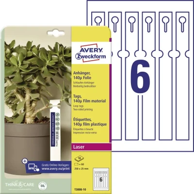 Immagine di Avery Zweckform T3008 10 etichette per con a loop 250 x 25 mm Poliestere Bianco 60 pz. Non adesiva Stampante laser colori,