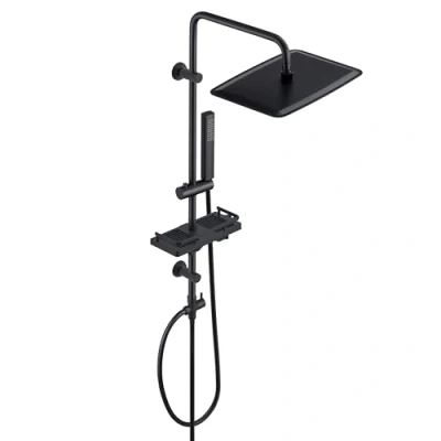 Immagine di Görbach Colonna Doccia Nero in Acciaio Inox Senza Miscelatore idromassaggio Asta Set a Pioggia Con Doccetta,Porta Ogetti Mensola e Soffione 35 * 25 cm