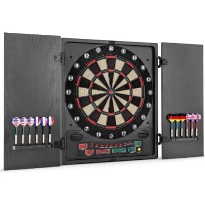 Immagine di OneConcept Dartmaster 180 Freccette, Tiro al Bersaglio, Freccette Bersaglio Elettronico, 8 Giocatori, Avversario Virtuale, 9 Pulsanti, Indicatori LED, Punte Soft, 2 Porte, Nero
