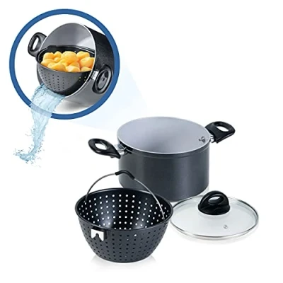 Immagine di Genius Cerafit Magic Pot Set di pentole da 20 cm pentola 3,7 l con filtro e coperchio in vetro per cucinare facilmente, girare, cuocere servire la pasta, pasta tutti i piani