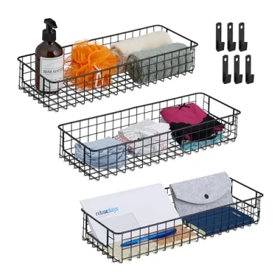 Immagine di Relaxdays Set da 3 Cestini Portaoggetti in Metallo, Cesto Multiuso a Rete Ferro, per Cucina e Bagno, 7,5x41x16 cm, Nero