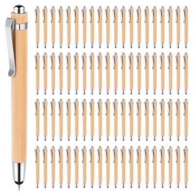 Immagine di NIZEAMI 80 penne a sfera con punta stilo per touch screen, penna retrattile in bambù, 1 mm, inchiostro nero, regalo scrittura scolastica e ufficio