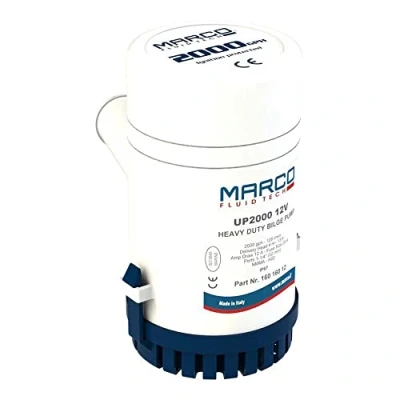 Immagine di Marco Pompa Sentina UP 2000 126 Lt/min Modello: 160 12 Prevalenza m: 4 Bocca mm: 31,8 mm 1&#039; 1/4&quot; Portata Lt/min: gp Consumo Amp.: 12A Dimensioni: 200x96 V: